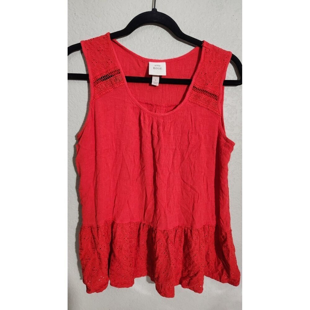 Knox Rose Tank Top Womens Large Red Sleeveless Eyelet Peplum Boho Embroidered